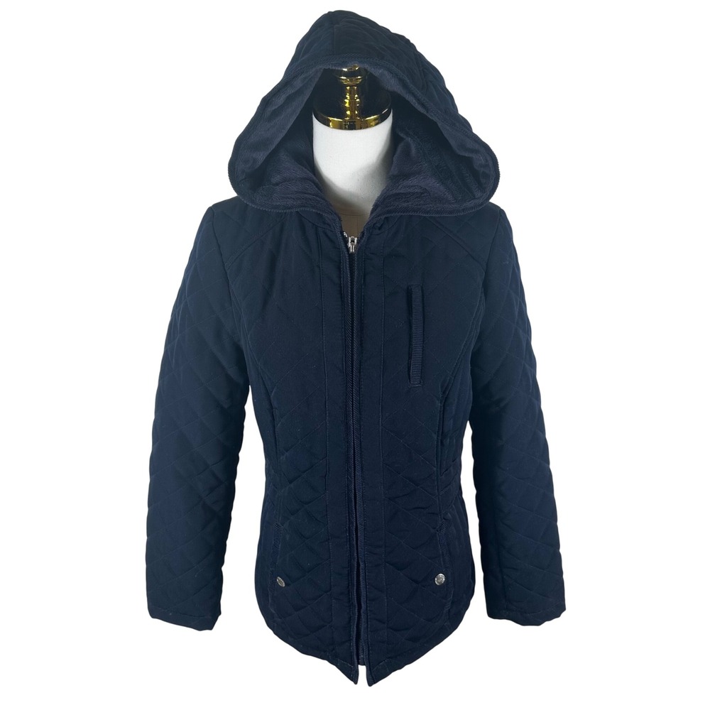 Laundry Shelli Segal Quilted Puffer Jacket Womens Petite Small PS Navy Blue Coat